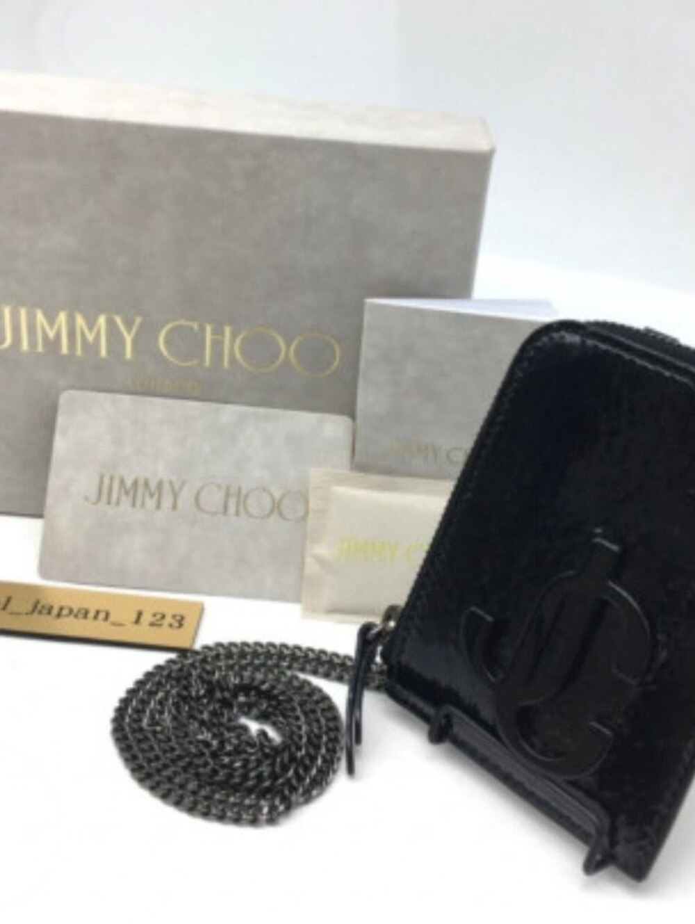 Jimmy Choo Black Patent Leather Card Case with Chain Detail